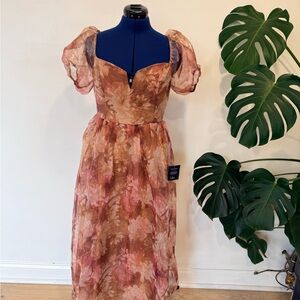 Lulu's Rose-Tan Floral Puff-Sleeve Midi Dress